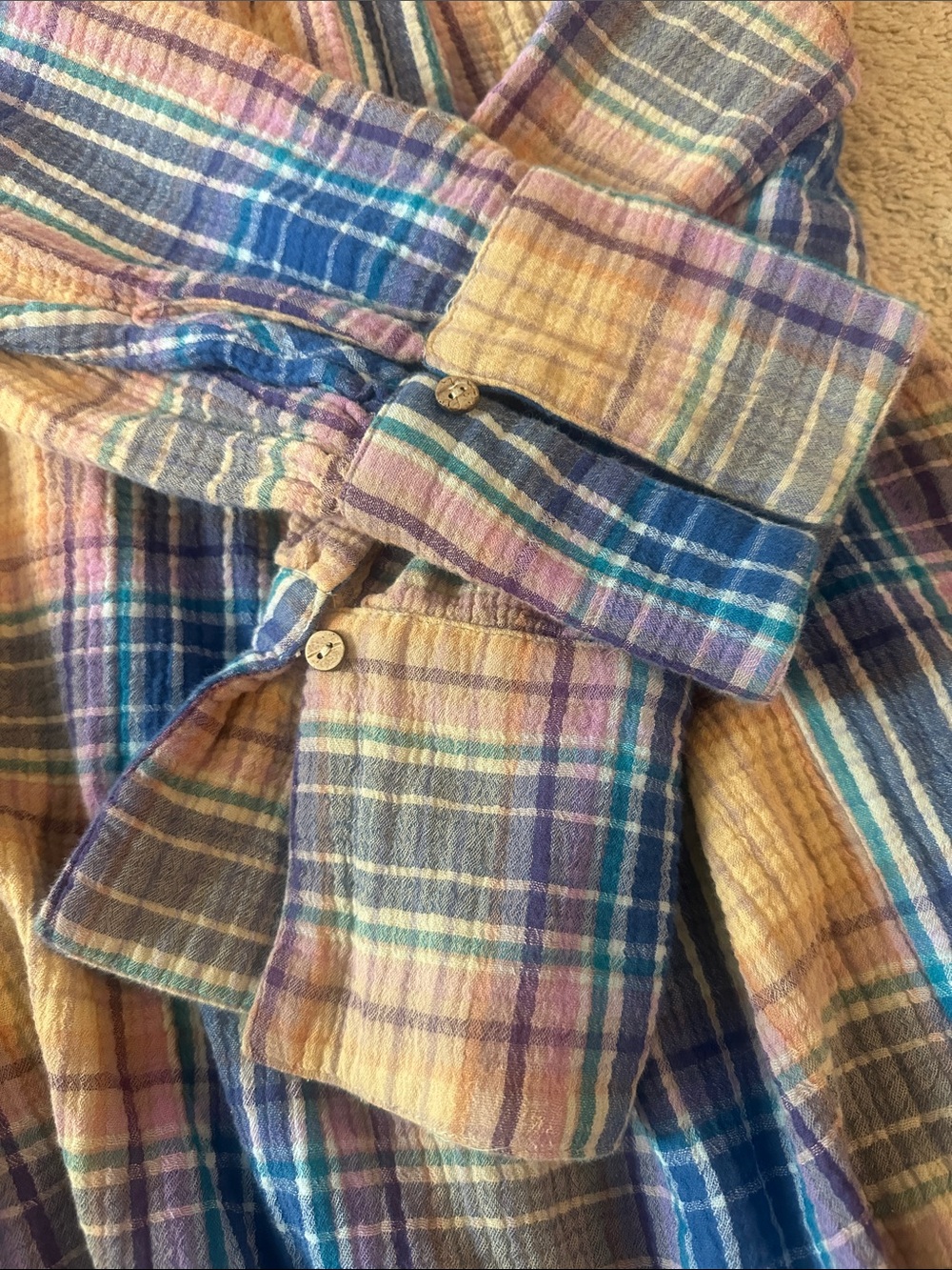 Free People Oversized Plaid Button-Front Voyage Shirt Dress in Blue Lavender Tan - Picture 9 of 9